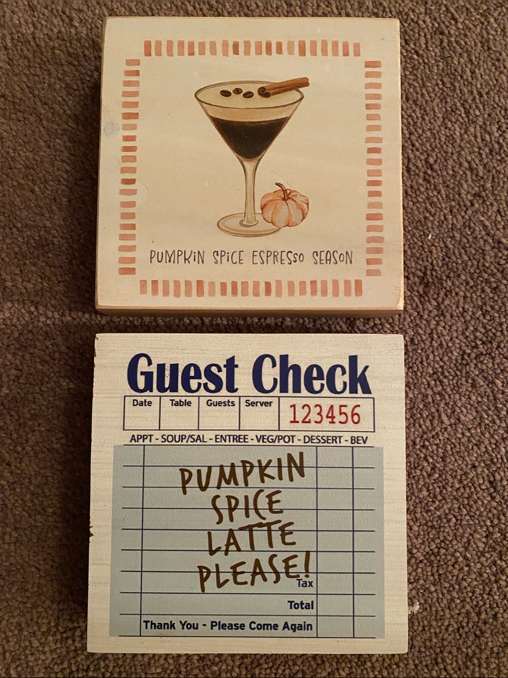 Fall / Autumn Pumpkin Spice Decorative Wooden Signs. Set of 2. NWT
